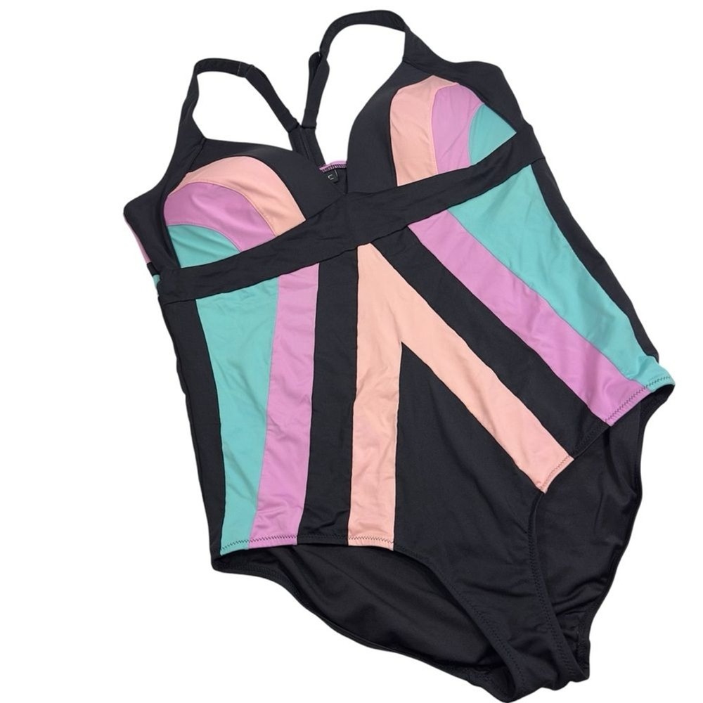 City Chic Womens Colorblock One Piece Swimsuit Black Pink Teal Size‎ S